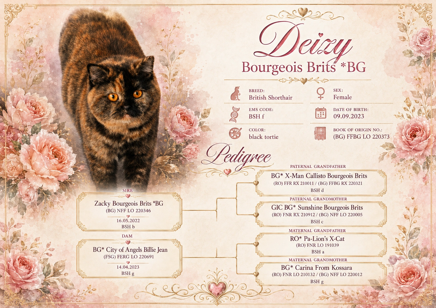 Deizy Bourgeois Brits BG* – British Shorthair BSH f black tortie